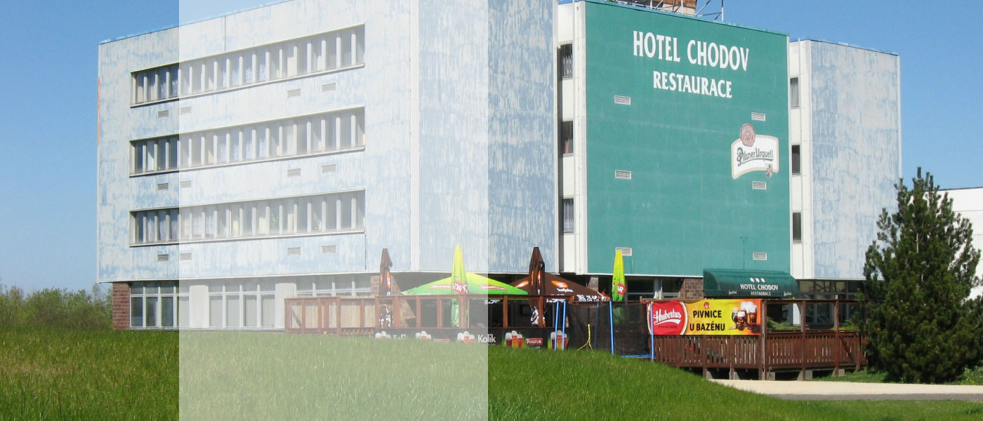 Panorama of the Hotel Chodov Praha building with the beer garden of the hotel restaurant.