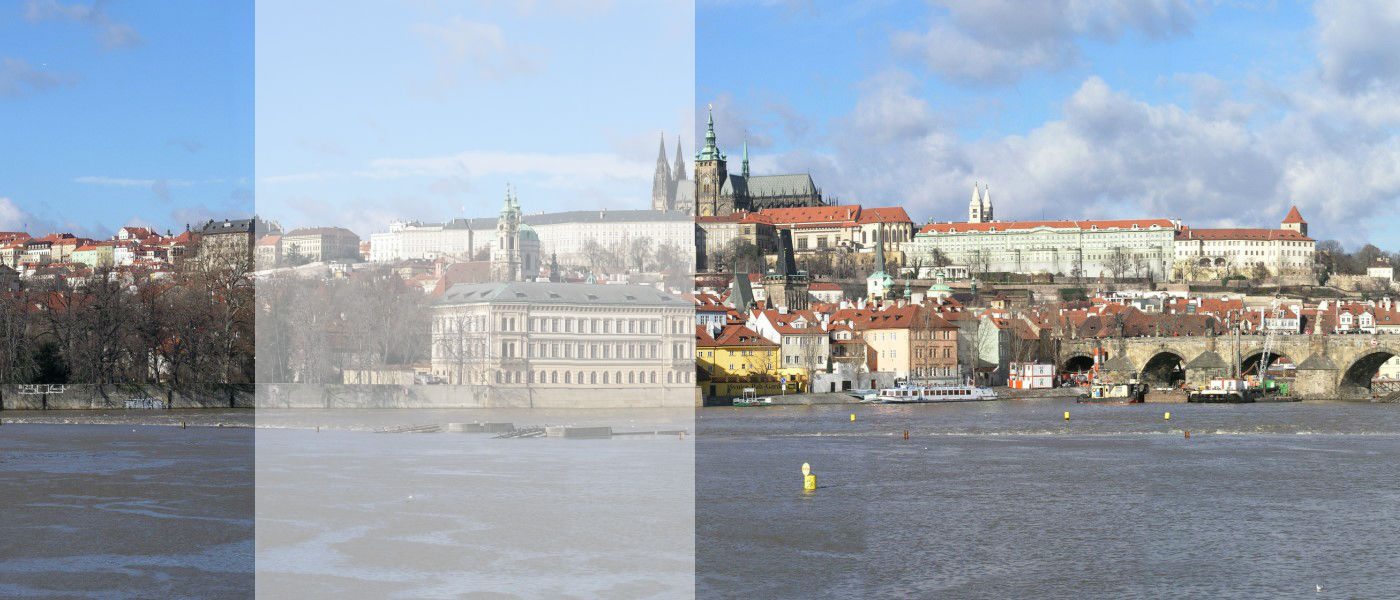Centrum Prahy pohledem přes Vltavu na ostrov Kampa, Pražský hrad a Karlův most